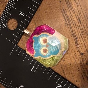 Handmade blue owl on purple/green resin charm